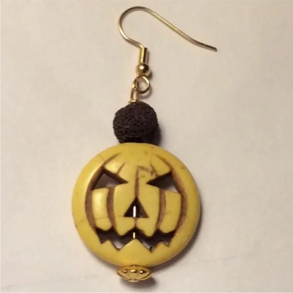 HANDMADE Spooky Composite STONE Jack O'Lantern BEADED Essential Oil Earrings - Picture 2 of 9